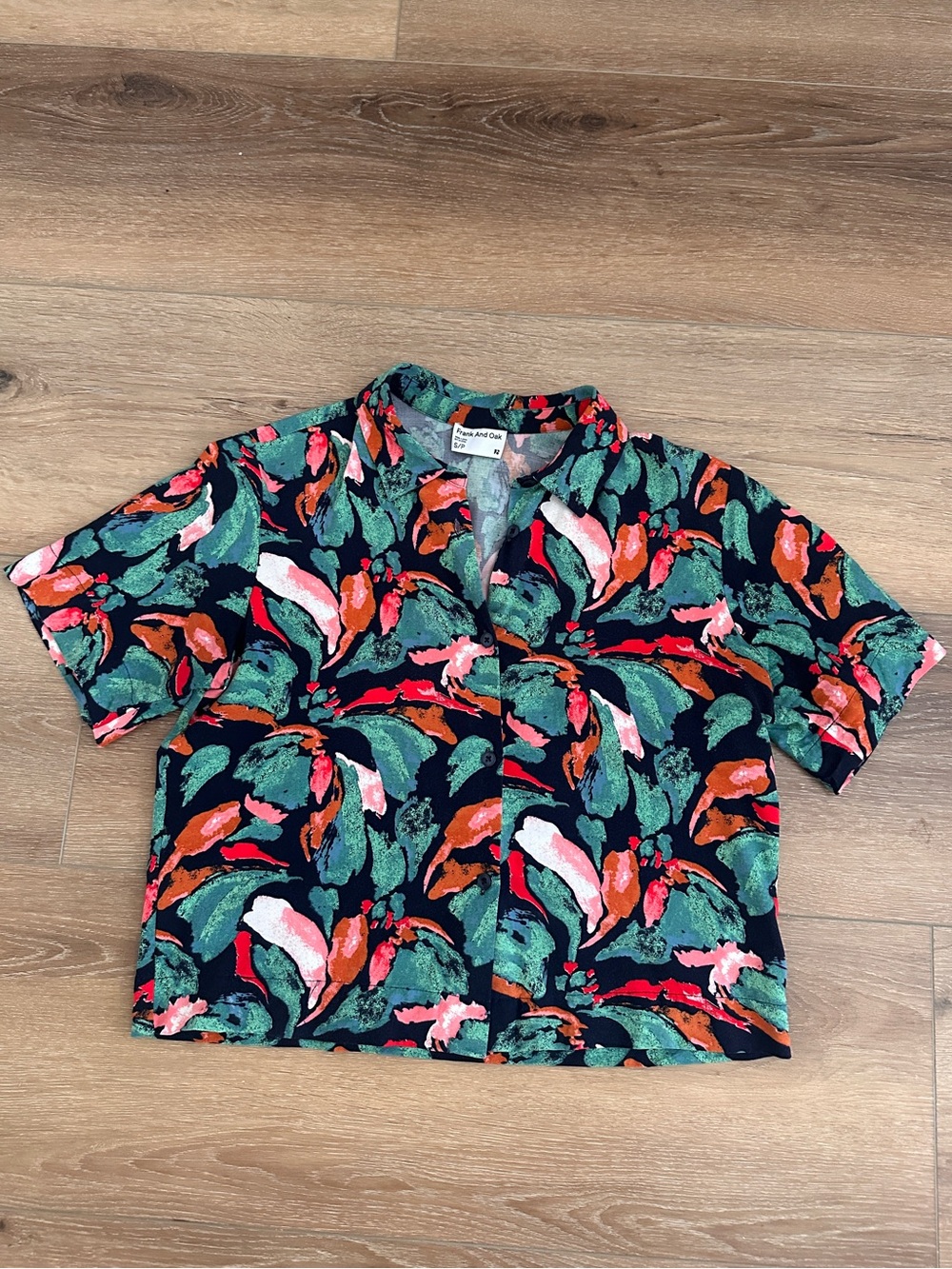 Frank & Oak Abstract Leaf Print Button Shirt - Green, Coral, Pink on Navy